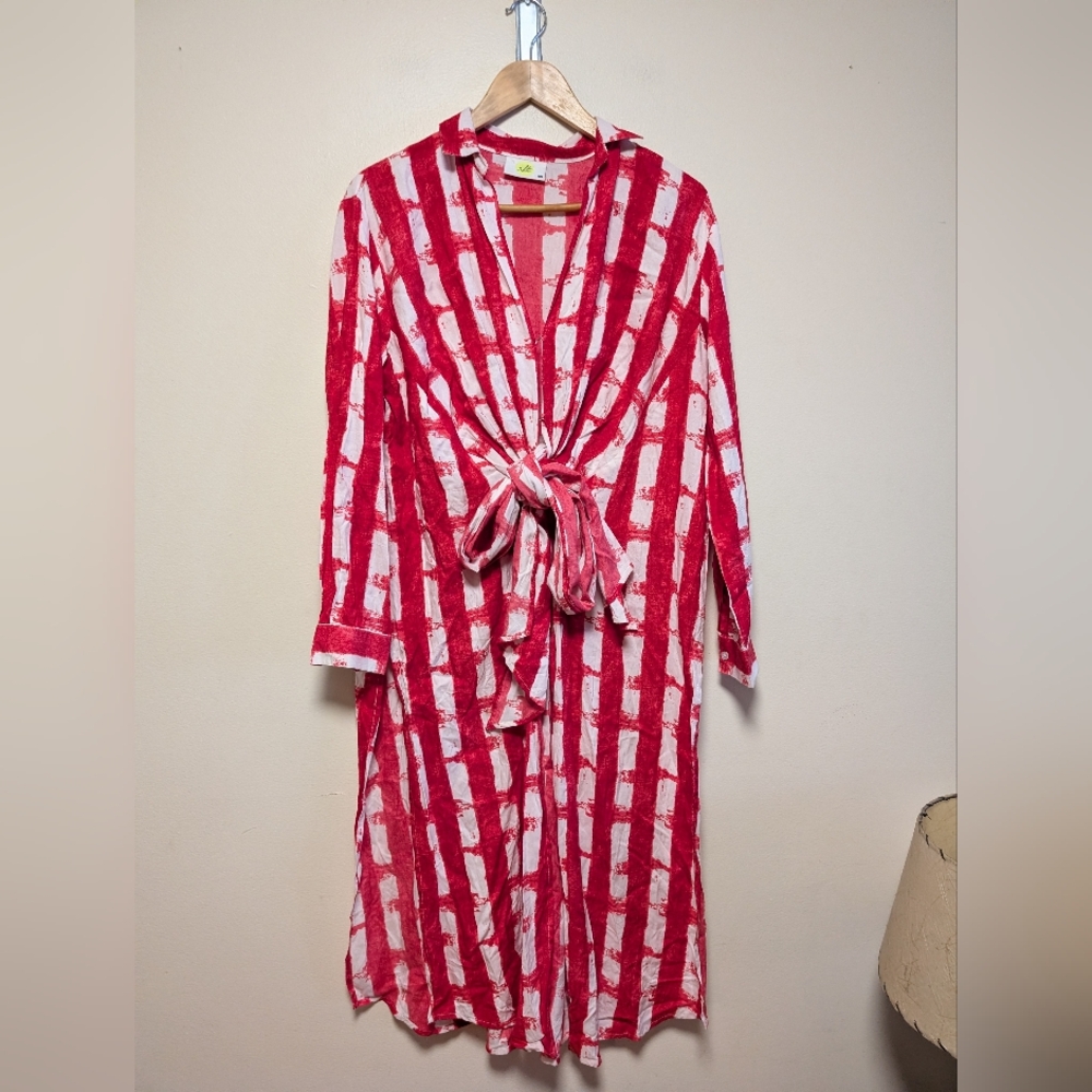 Solito Red & White Abstract Stripe Tie-Front Shirt Dress XS cover up